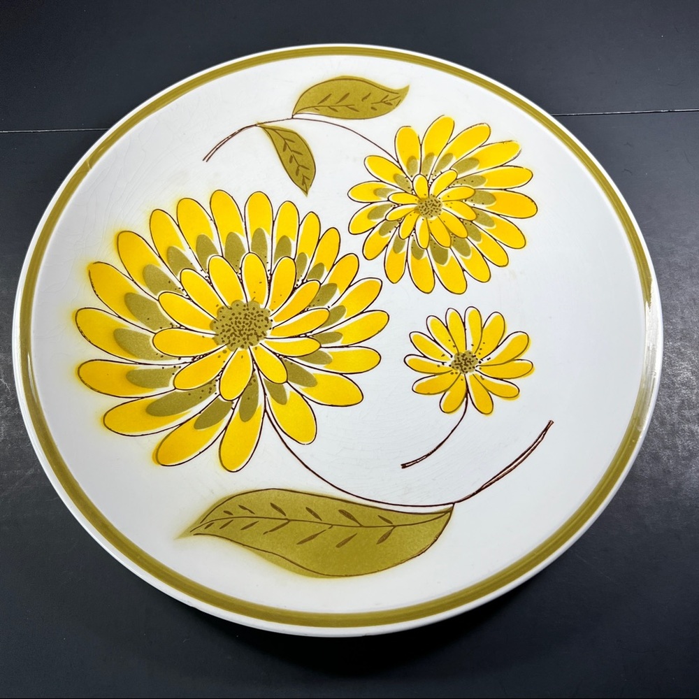 Vtg Serving Plate Premiere Colorama Tioga D7403 Green Band Yellow Flower Retro